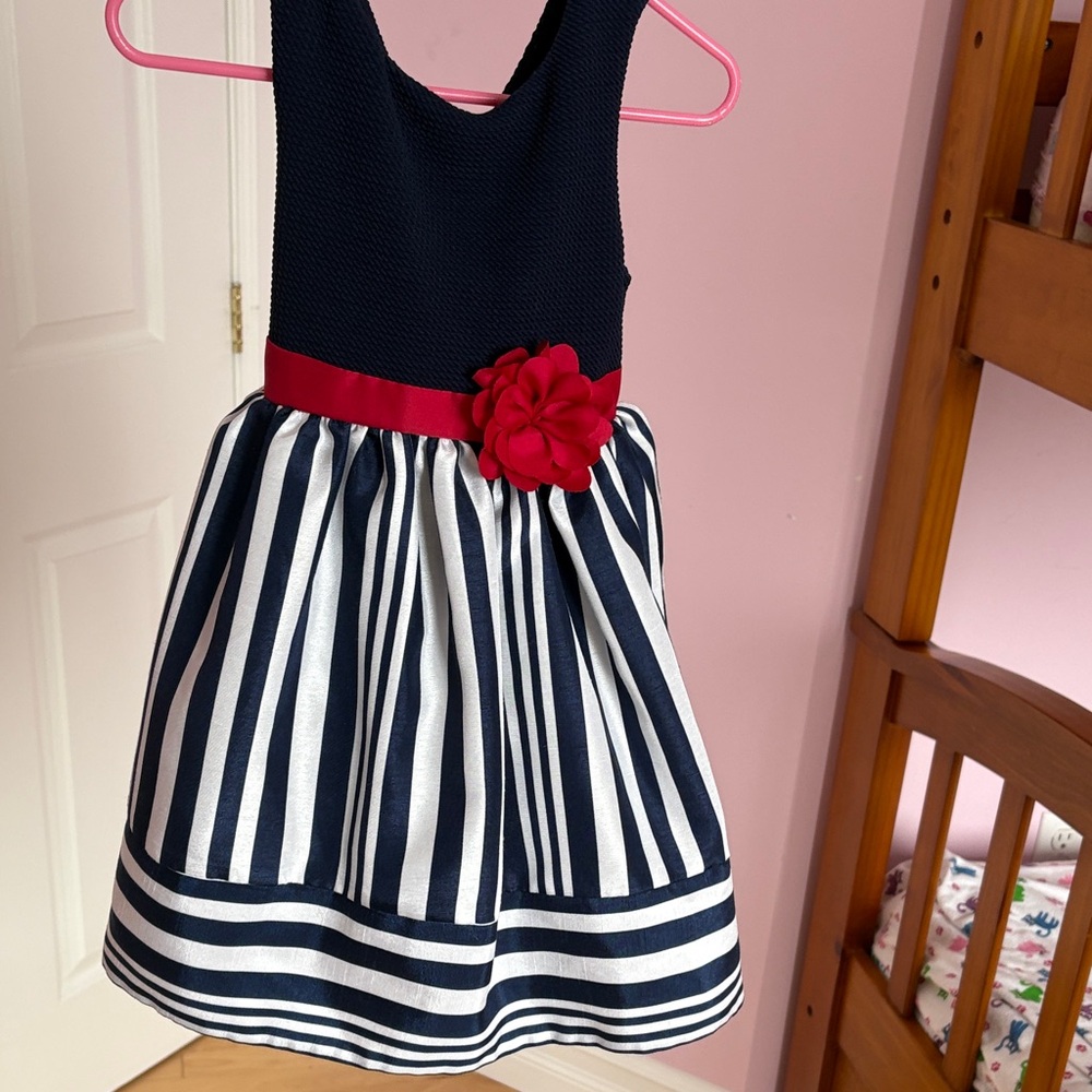 Navy and White Striped toddler 3t Dress with Red Flower Accent